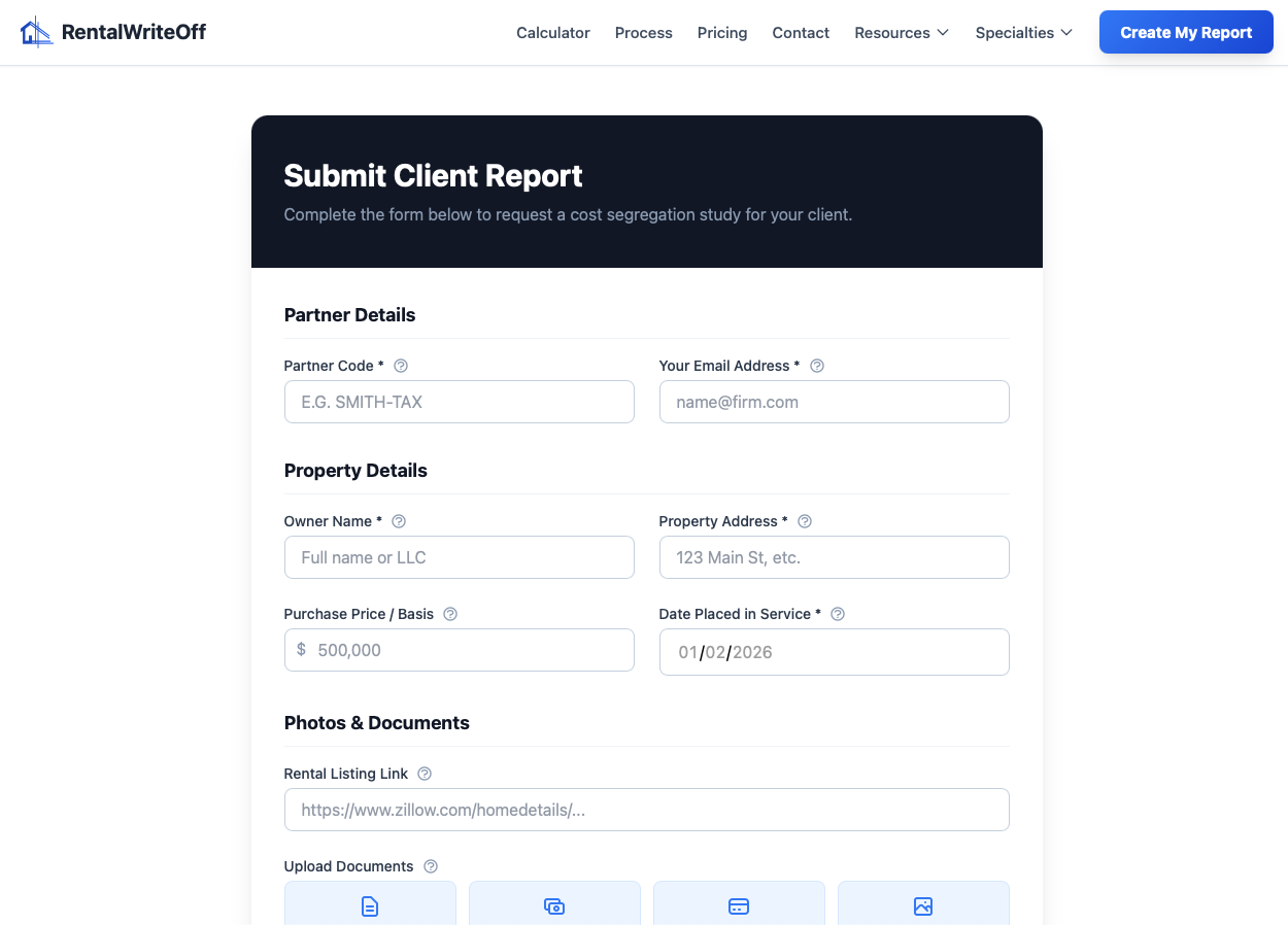 The partner portal form for submitting a client study